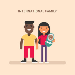 International family. African american and european. Colored flat vector illustration on pink background