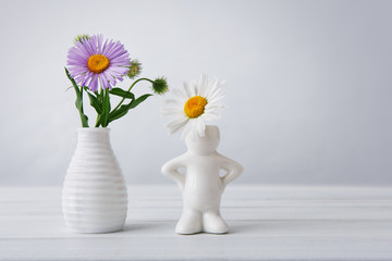 Beautiful flowers aster and daisy in vases