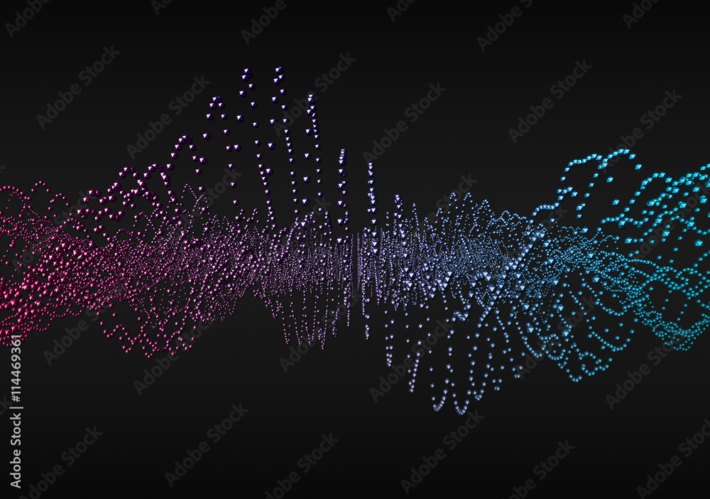 Poster abstract 3d rendering of waves with particles on black background. futuristic background with lines 