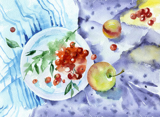 Fototapeta premium Watercolor painting. Still life with berries and apples on blue cloth.
