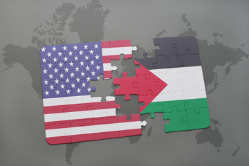 puzzle with the national flag of united states of america and palestine on a world map background