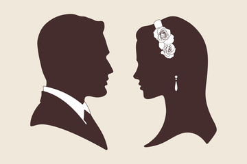 Vector vintage wedding design silhouettes of groom and bride