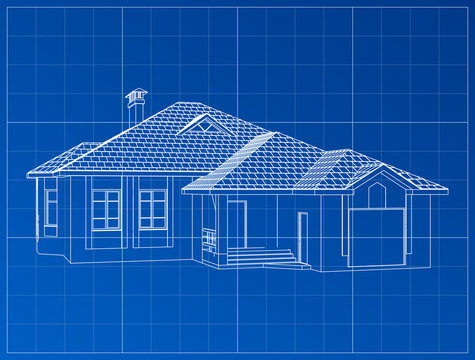 3D Render Of A Building Vector. The Contours Of Houses On A Blue Drawing