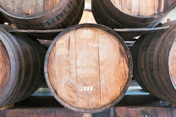 Wine barrels in the wine cellar, Madeira island, Portugal. 