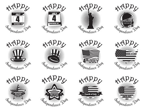 Big set icon for Independence Day. Happy Independence Day. Statue of Liberty, calendar with the date July 4, Uncle Sam hat, heart shaped American (USA) flag. Vector icon isolated on white background