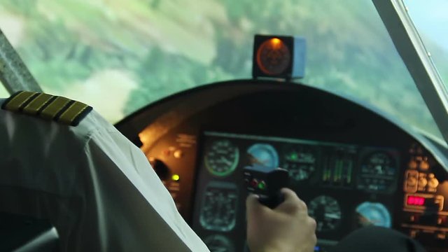 Scared pilot having heart attack in cockpit, airplane falling down, air crash