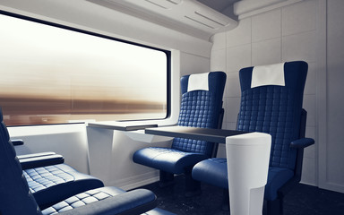 Interior Inside First Class Cabin Modern Speed Express Train.Nobody Blue Chairs Window.Comfortable Seats and Table Business Travel. 3D rendering.High Textured Row Materials. Motion Blur Background.