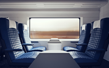 Interior Inside First Class Cabin Modern Speed Express Train.Nobody Blue Chairs Window.Comfortable Seat and Table Business Travel. 3D rendering.High Textured Row Materials. Motion Blurred Background.