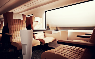 Interior Inside First Class Cabin Modern Speed Express Train.Nobody Brown Chairs Window.Comfortable Seats and Table Business Travel. 3D rendering.High Textured Row Material. Motion Blurred Background.