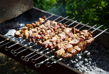 Cooking meat on the fire.