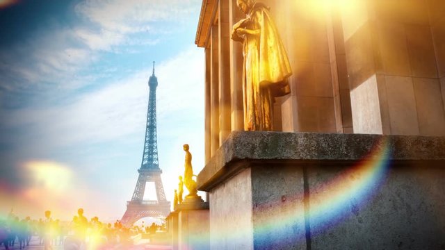 Cityscape with Eiffel tower and Trocadero at sunny summer day. Paris, France