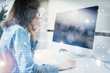 Woman Working Modern Desktop Monitor Hand Use Mouse.Account Manager Researching Process.Business Team New Startup Loft Office.HiTech Digital Diagrams Interfaces Effect.Analyze market stock.Blurred.