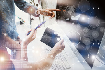 Coworkers Team Working Office Studio Startup.Businessman Using Modern Tablet,Desktop Monitor Wood Table.Bank Managers Market Researching Process.Virtual HiTech Diagram Interface Screen Device Blurred