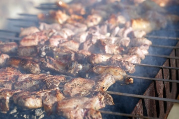 Cooking meat on the fire.