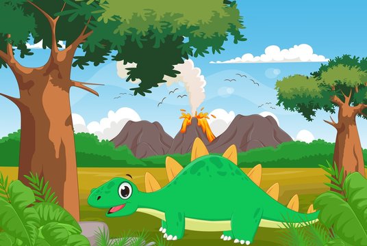 cute cartoon stegosaurus with volcano background