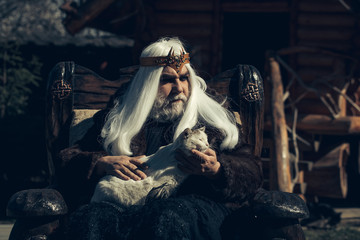 Old druid sits in chair