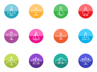 Airplane silhouette icons in color circles.