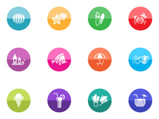 Beach icons in color circles.