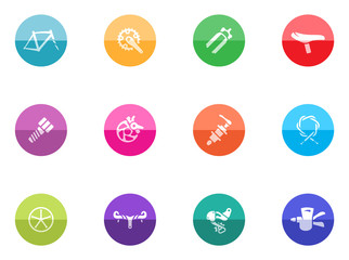 Bicycle part icons series in color circles.