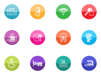 Fototapeta premium Hotel icons in color circles.