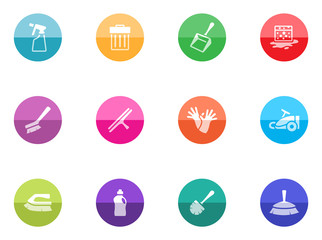 Cleaning tool icon series in color circles.