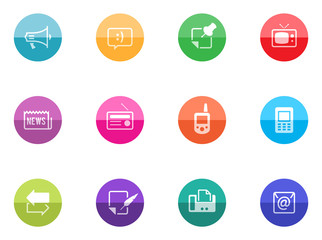 Communication icon series in color circles.