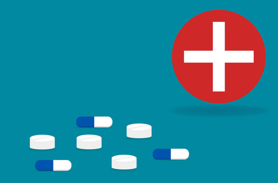 Blue medical pills and drugs with white red cross vector sign.