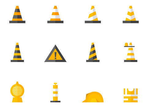 Traffic warning sign icon series in flat color style.