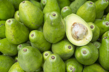 Group of fresh ripe and unripe avocados in the farmer market at