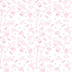 Seamless background of products for cats. Vector illustration.