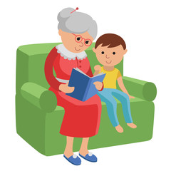 Illustration featuring an elderly woman reading a book for grandson.