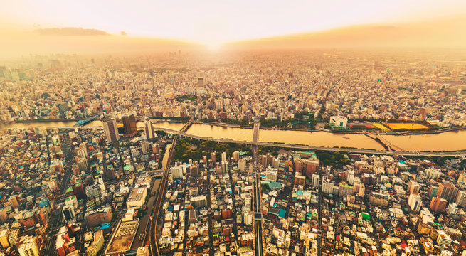 Aerial view of the sprawling Tokyo cityscape with a view of the Sumida river
