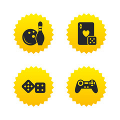 Bowling and Casino signs. Video game joystick.