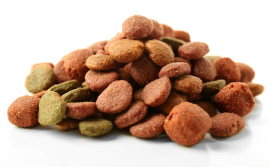 Pile of dog food isolated on white