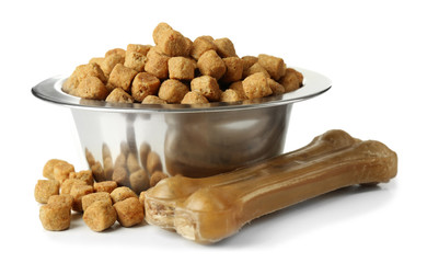 Dog food in metallic bowl on white background