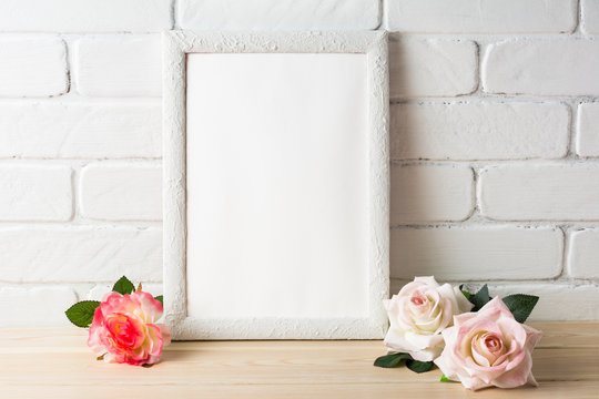 Romantic style white frame mockup with roses