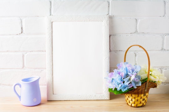 Rustic style white frame mockup with flower basket