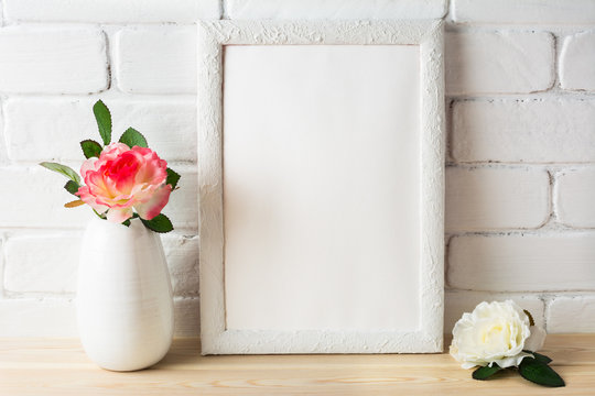 White frame mockup with pink and white roses