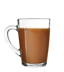 Glass cup of tea with milk isolated on white