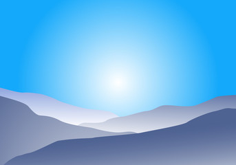 Flat landscape of blue mountain, cloud and sun with copy space.