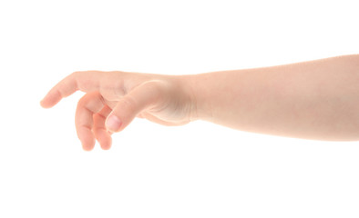 Child's hand gesturing, isolated on white