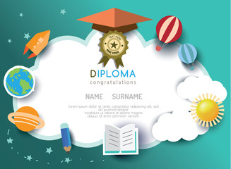 Kids diploma preschool certificate elementary school design template background. vector illustration