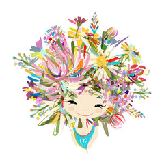 Female portrait with floral hairstyle for your design