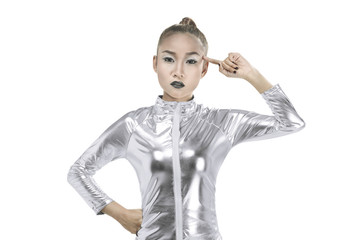 Asian woman wearing silver latex suit