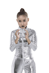 Asian woman wearing silver latex suit