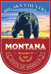 Мотана штат Америки, стилизованная эмблема, медведь гризли на восходе на красном фоне