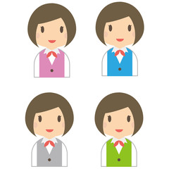 事務のおかっぱ女性　4つの色のユニフォーム