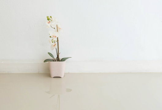 Closeup artificial plant with white flower on pink flower pot on blurred marble floor and white cement wall textured background , fake white orchid flower