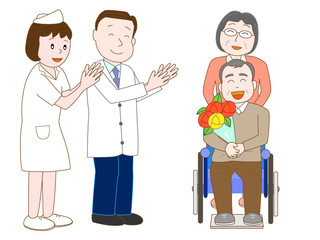 高齢者の退院を見送る医者と看護師