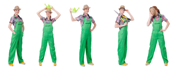 Collage of woman watering plants isolated on white